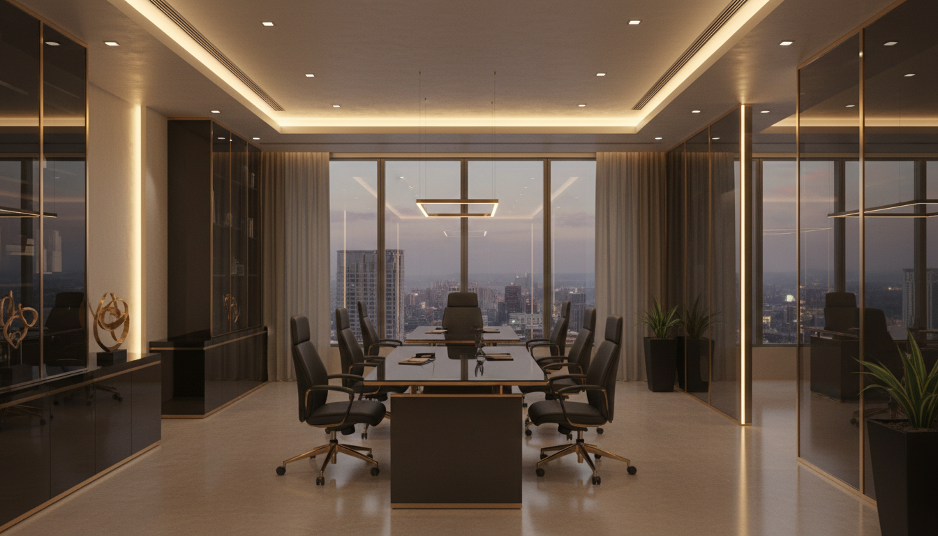 A modern, empty conference room with a large rectangular table, ten black office chairs, large windows revealing a city skyline at dusk, and minimal decor.