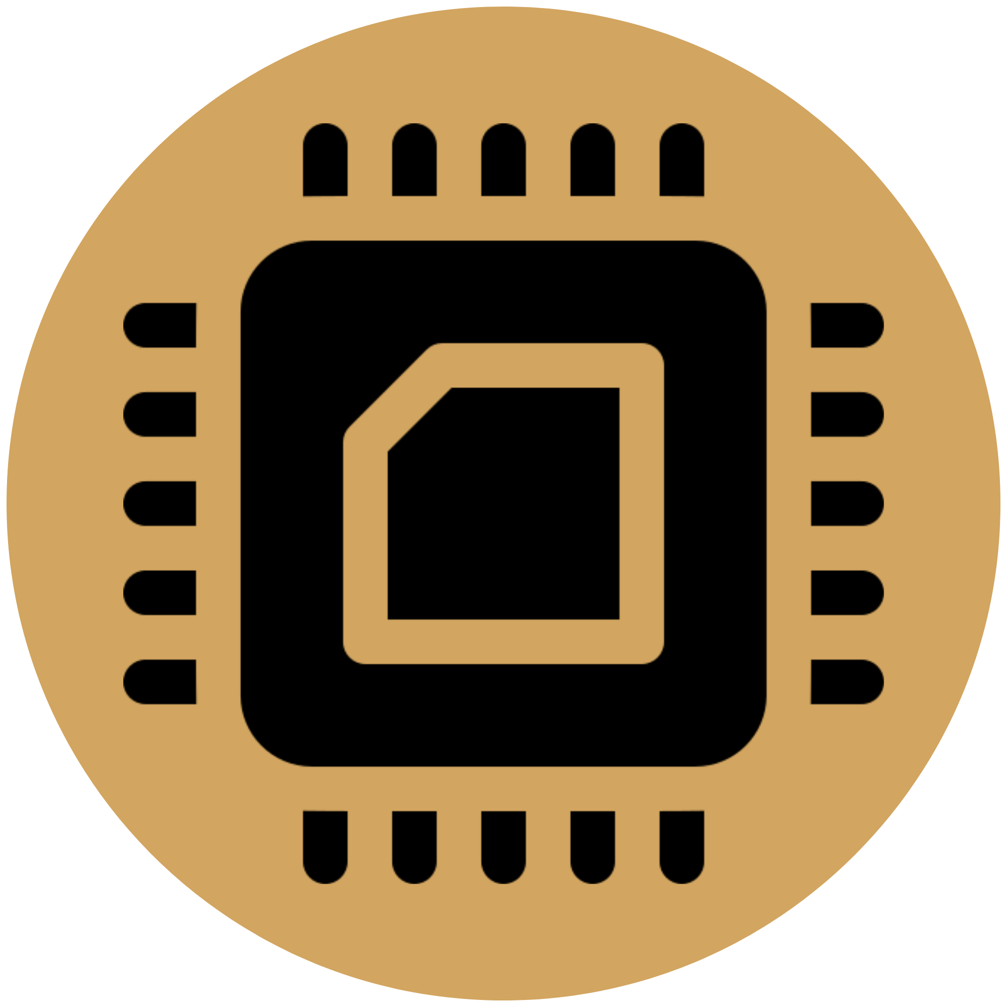 Icon of a computer microchip or processor on a tan circular background.
