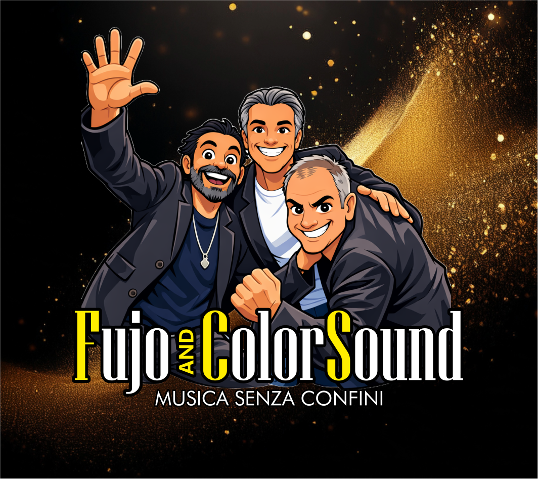 Tre uomini sorridenti che si abbracciano su sfondo nero con particelle dorate e la scritta Fujo and ColorSound, musica senza confini.