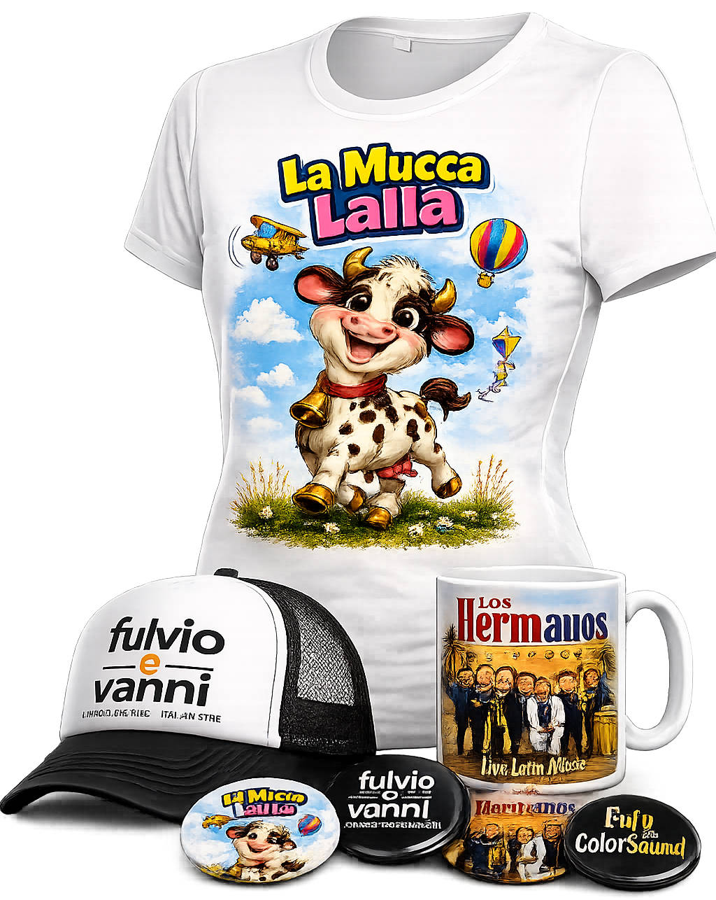 Maglietta bianca con immagine di una mucca cartone animato e testo 'La Mucca Lalla'; cappello bianco e nero con logo 'fulvio e vanni'; tazza con immagine di una band e testo 'Los Hermanos'; altri oggetti promozionali con immagini e testi.