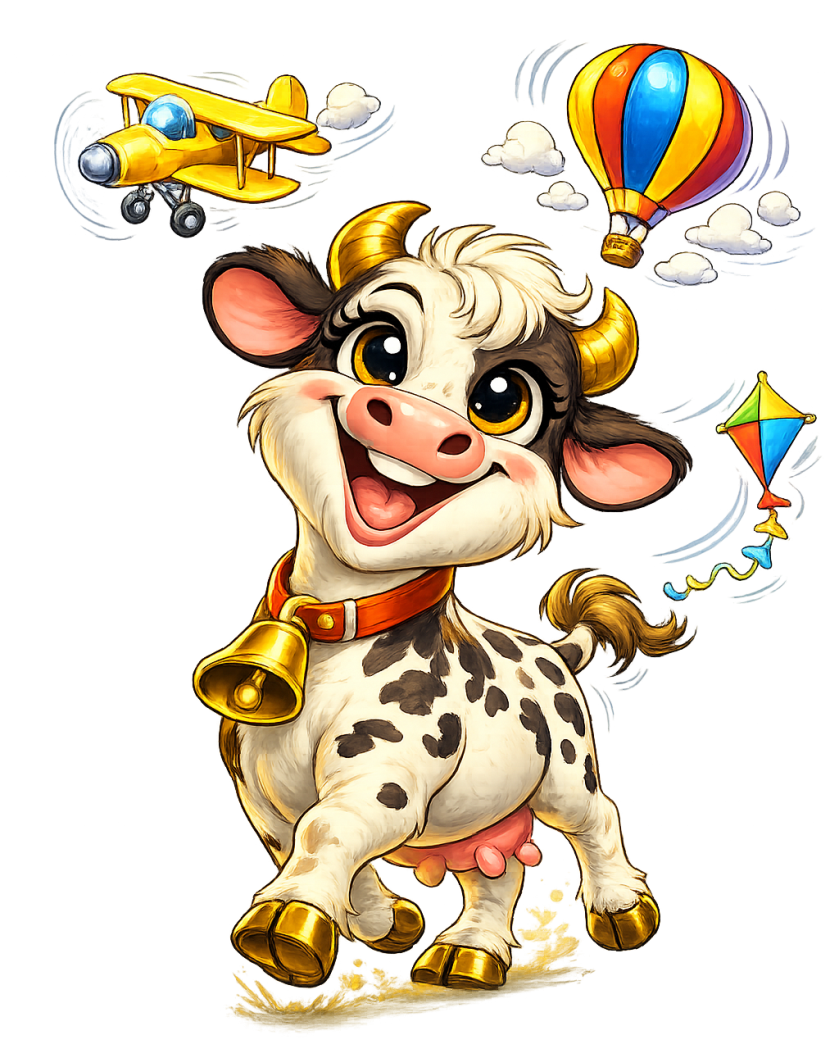 Mucca cartoon allegra con grandi occhi e campanello, circondata da dirigibile, aquilone e mongolfiera in stile colorato.