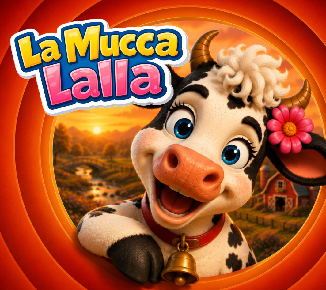 Mucca cartoon con grandi occhi azzurri, fiore rosa all’orecchio e campanello, nel paesaggio de La Mucca Lalla.