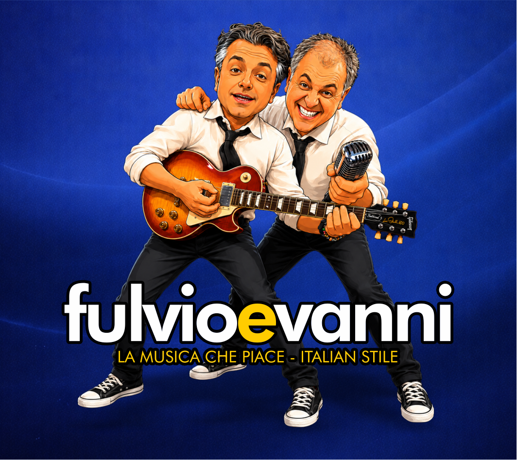 Fulvio e Vanni in abiti bianchi e cravatte nere, uno con chitarra e l’altro con microfono, su sfondo blu.