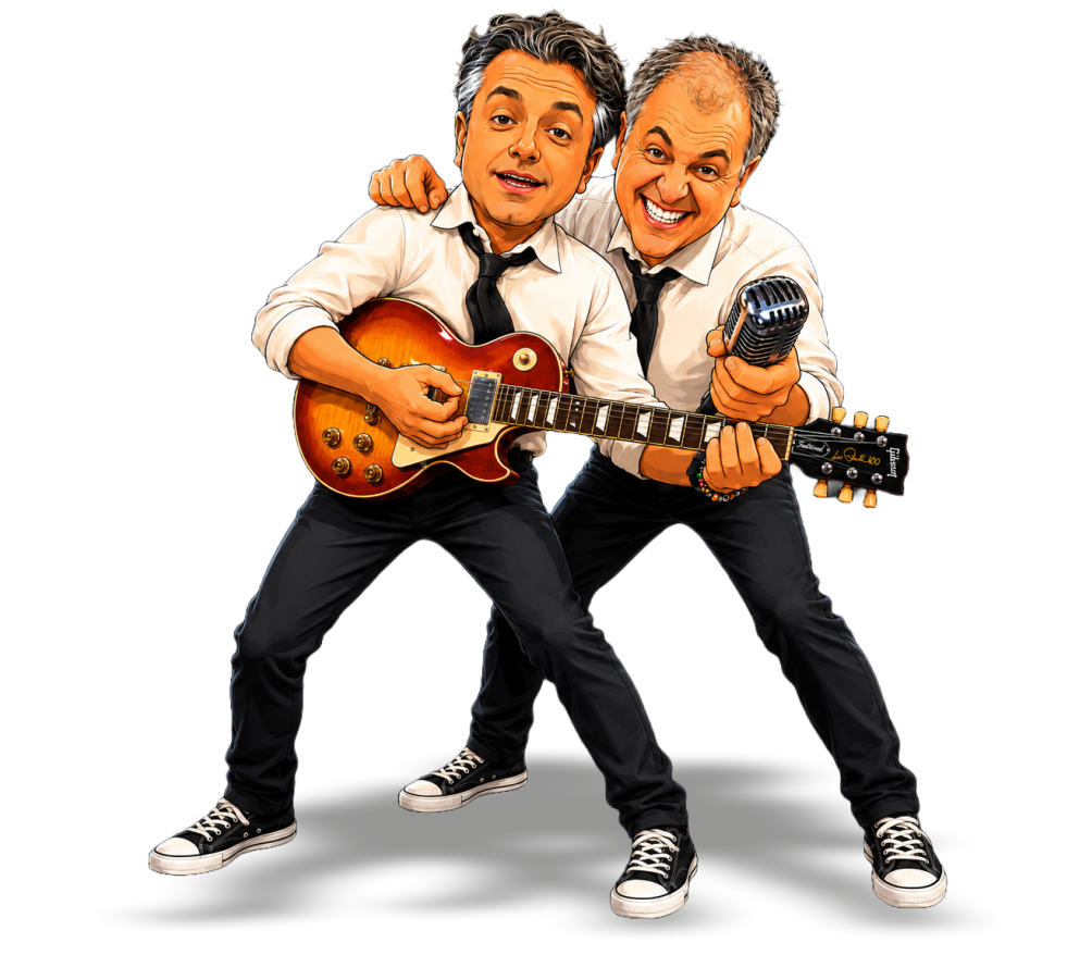 Due uomini vestiti casual con camicia bianca, cravatta e pantaloni neri, uno con chitarra elettrica e l'altro con microfono, che sorridono e fanno una posa energica contro sfondo nero.