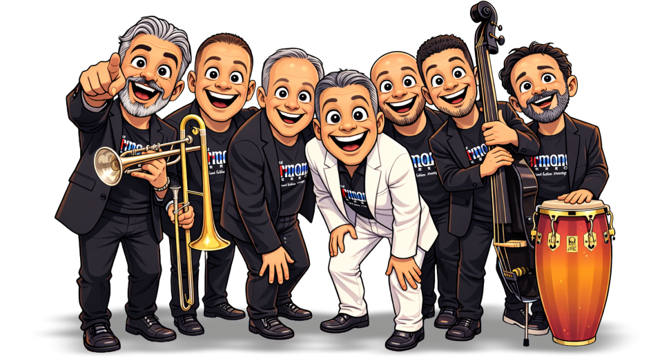 Un gruppo di sette uomini con abiti eleganti e sorridenti, alcuni con strumenti musicali come tromba, chitarra, bongos e un'asta per contrabbasso, in posa insieme