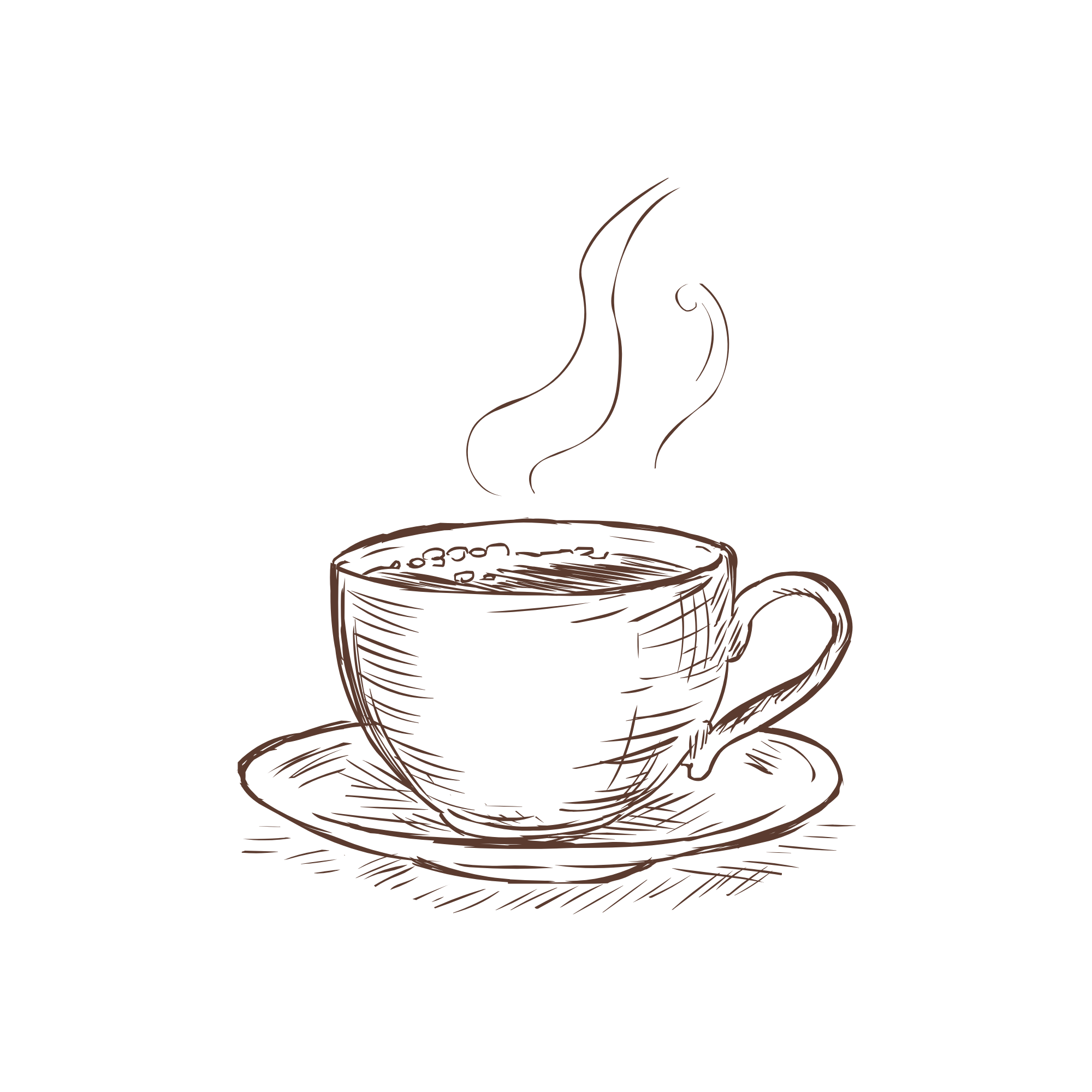 Line drawing of a steaming cup of coffee on a saucer.