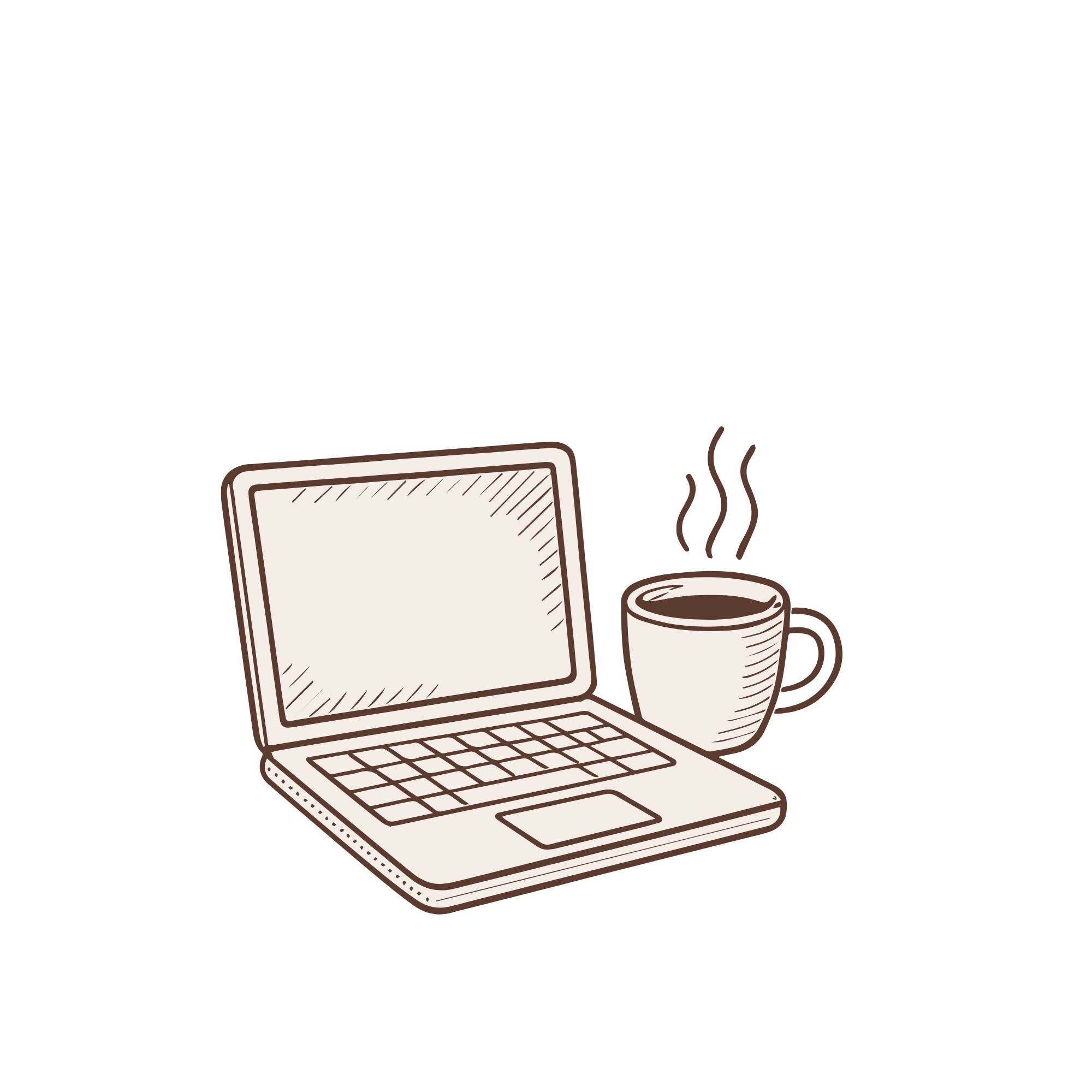 Sketch of a laptop computer and a steaming mug of coffee or tea.