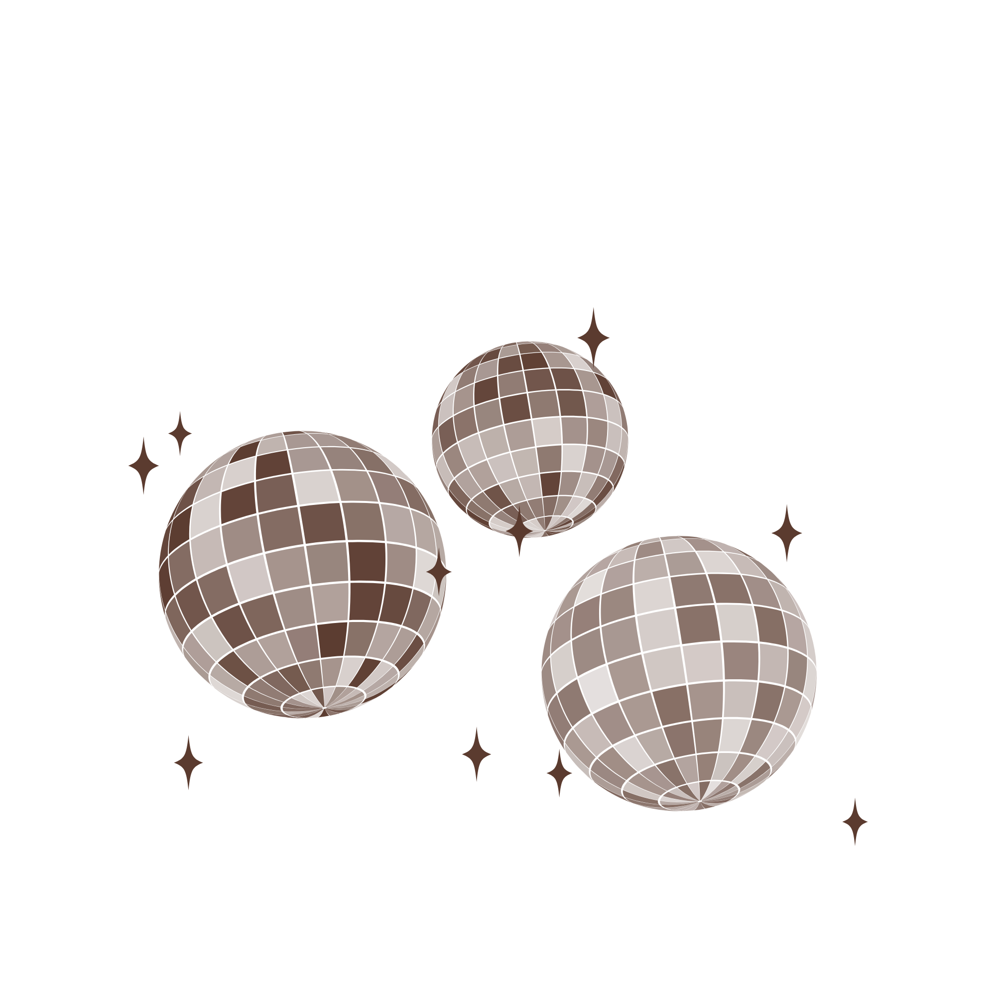 Three brown disco balls of different sizes with small star-like sparkles around them, set against a black background.