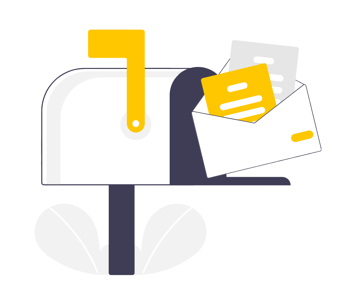 Illustration of a mailbox with a letter inside, surrounded by envelopes and papers.
