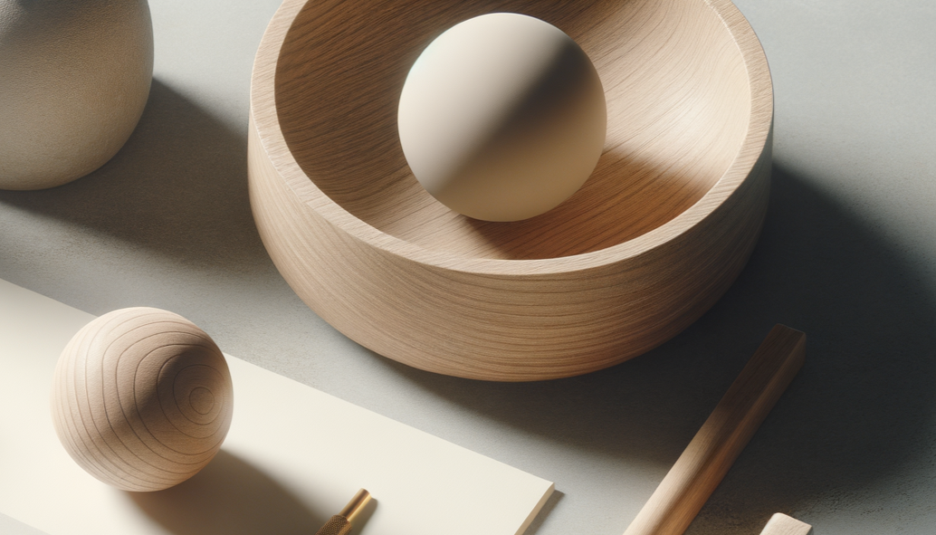 A wooden bowl with a sphere inside, a wooden ball to the left, and other wooden objects on a workspace with natural lighting.