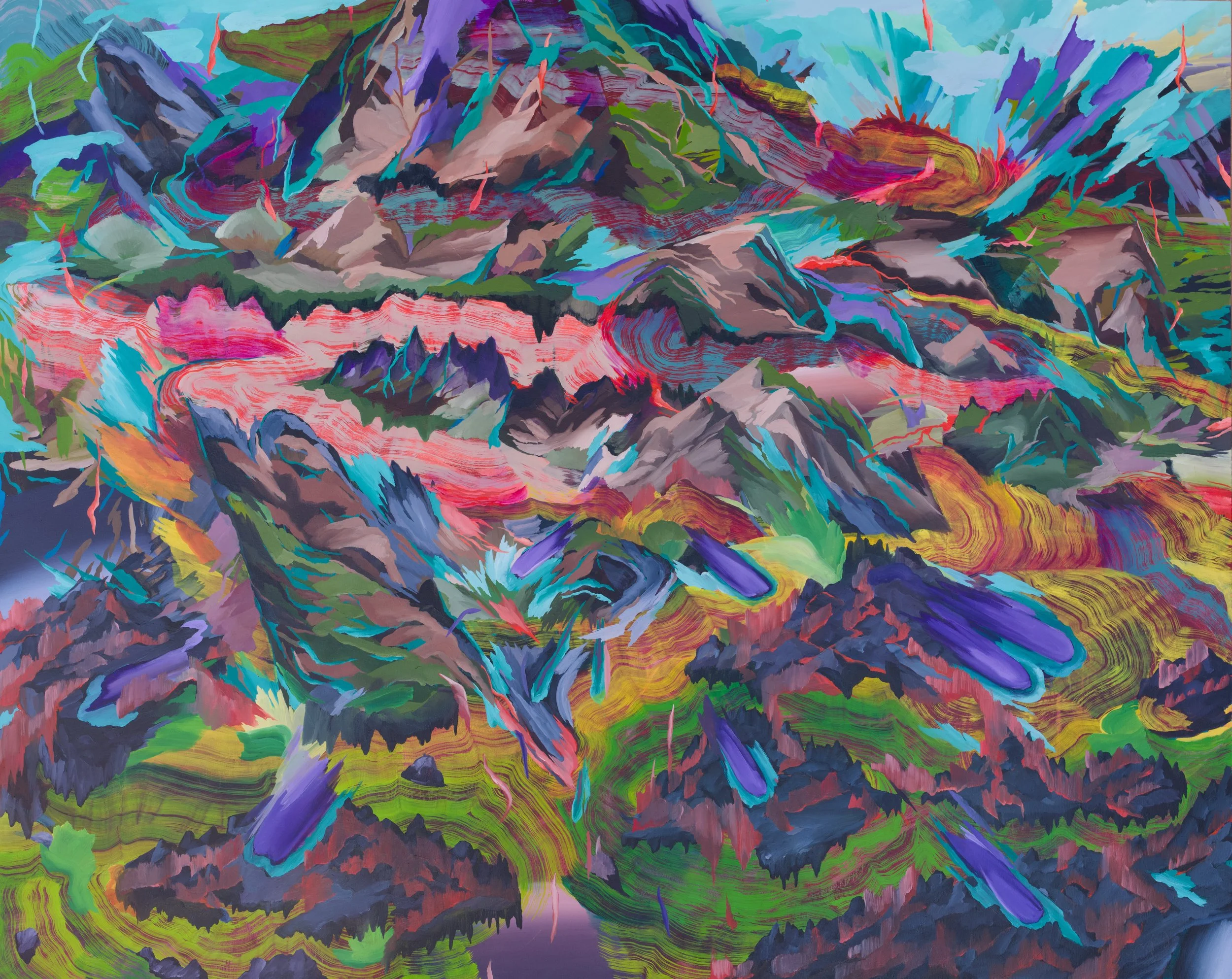 'Erupter' by Steven J. Yazzie, a canvas with colorful, layered strokes of blue, green, yellow, pink, purple, red, and orange, resembling a vibrant landscape or geological formation.