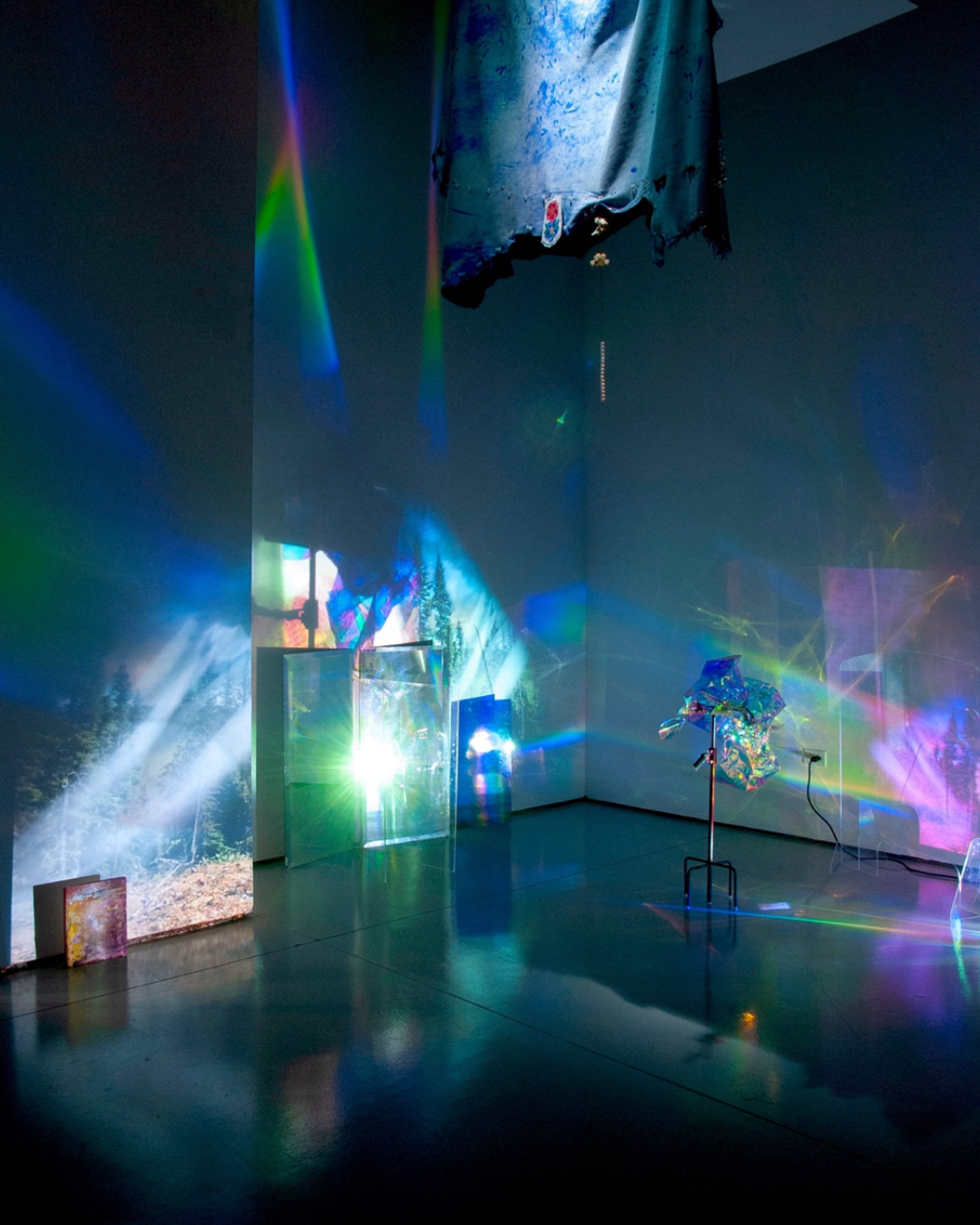 Janna Avner, ‘Athabascan Ghost Wave Test #36,’ 2022, Upcycled pandemic plexi, moosehide, projector, paintings, beadwork, wolverine vertebrae, dichroic film, N/A.