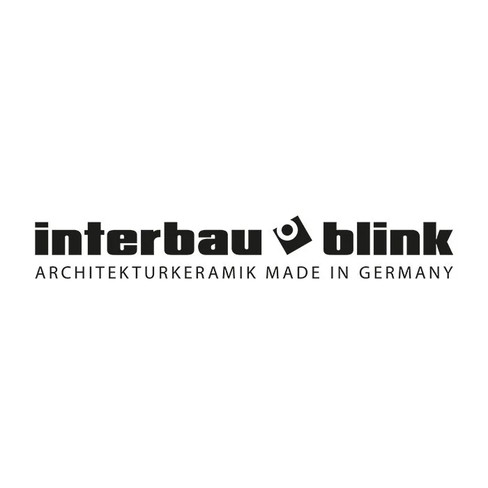 Logo mit den Marken 'interbau' und 'blink', darunter der Slogan 'ARCHITEKTURKERAMIK MADE IN GERMANY'