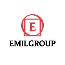 Logo von EMILGROUP mit rotem E in einem Kreis und schwarzem Text darunter