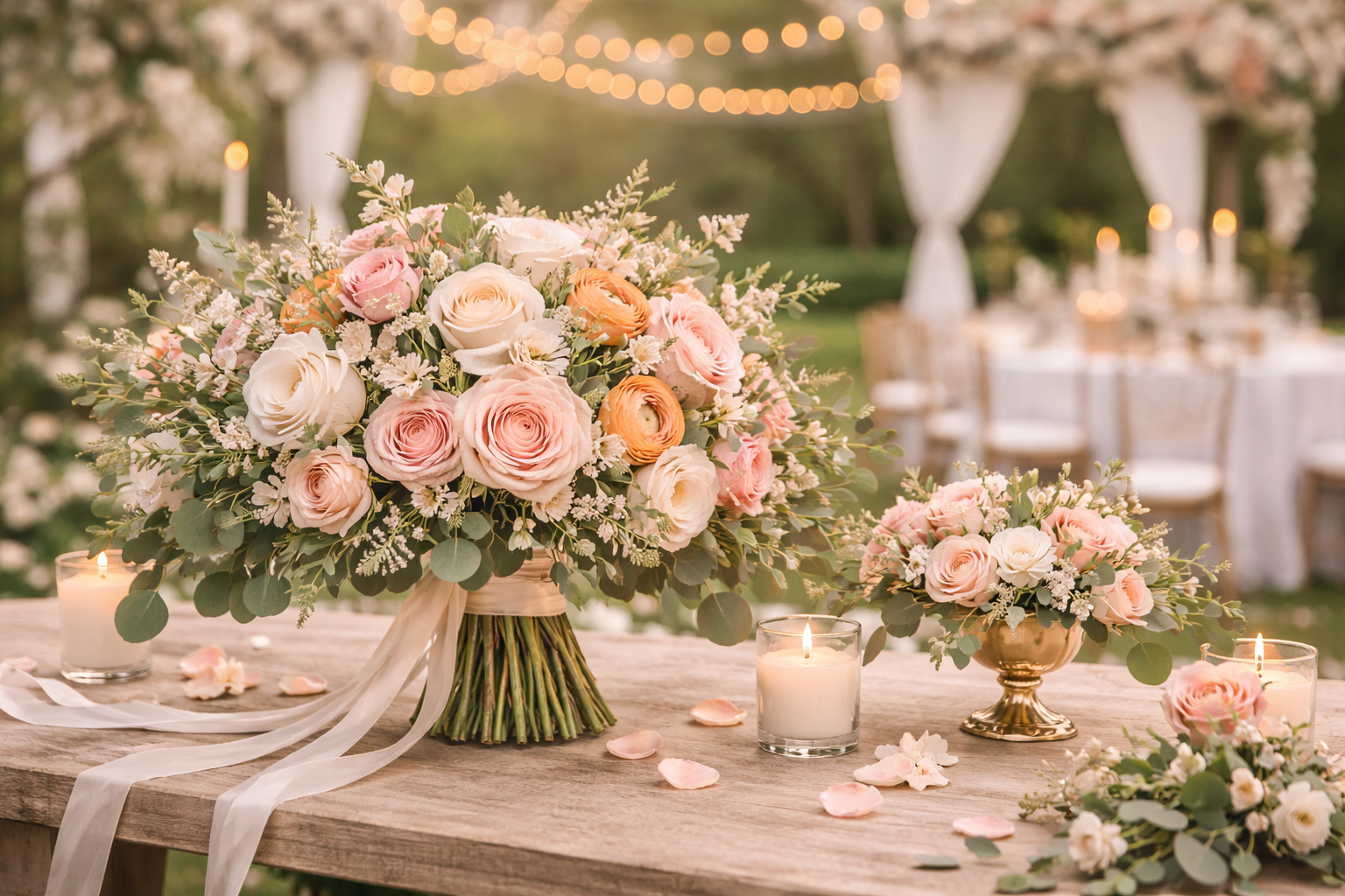 A floral wedding centerpiece with pink, white, and peach roses, eucalyptus leaves, and small white flowers on a rustic wooden table, surrounded by lit candles and scattered rose petals, with an outdoor reception area and string lights in the background.