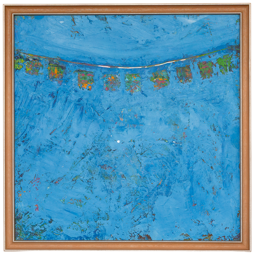 Tibetan Prayer Flags
12" x 12" framed
 cold wax, oil on aluminum art surface