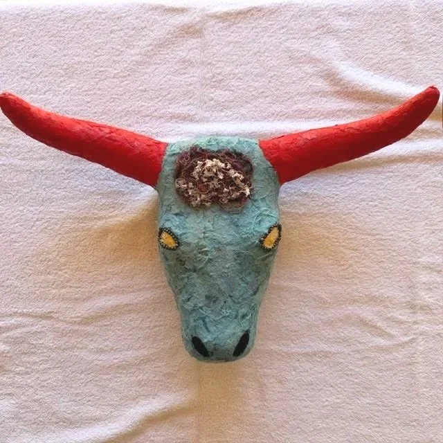 I am Taurus
Torn antique papers, Hematite beads around the head with 18k gold flakes over plastic molding
25 1/4" x 15 3/4" - 2026
$300