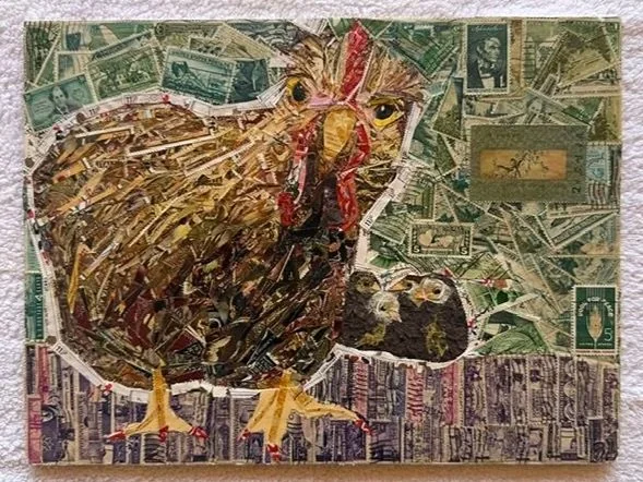 Chicken
Postage collage & matte medium on board
13 1/16" x 9 3/4" - 2016
$400