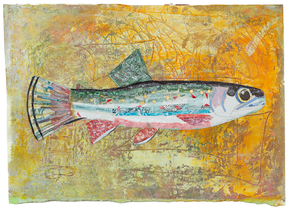 Trout Collage
cold wax and oil on cut up postage stamps