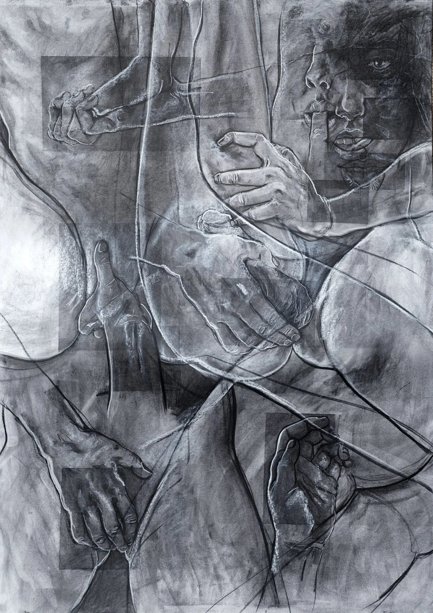 A monochrome artwork depicting multiple hands and a man's face, with abstract lines and shadows.