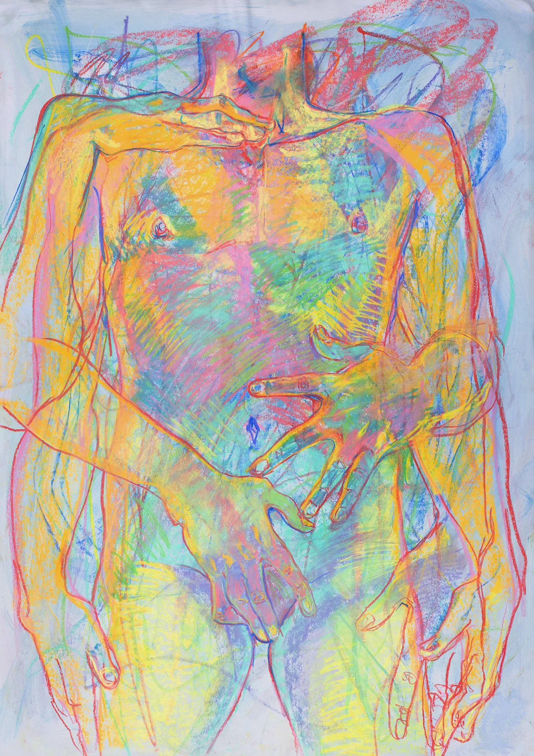 Colorful sketch of a man with hands on his chest and lower abdomen, with a focus on the torso, in various vibrant colors and abstract lines.