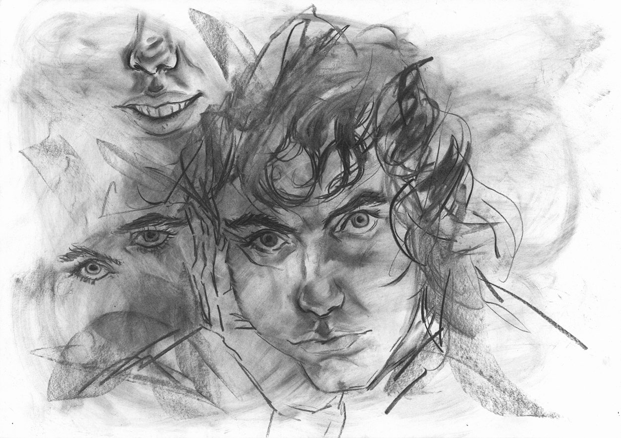 A charcoal drawing of an androgynous young man, with dusty, textural plumes throughout the image and overlapping drawings of eyes and faces. 