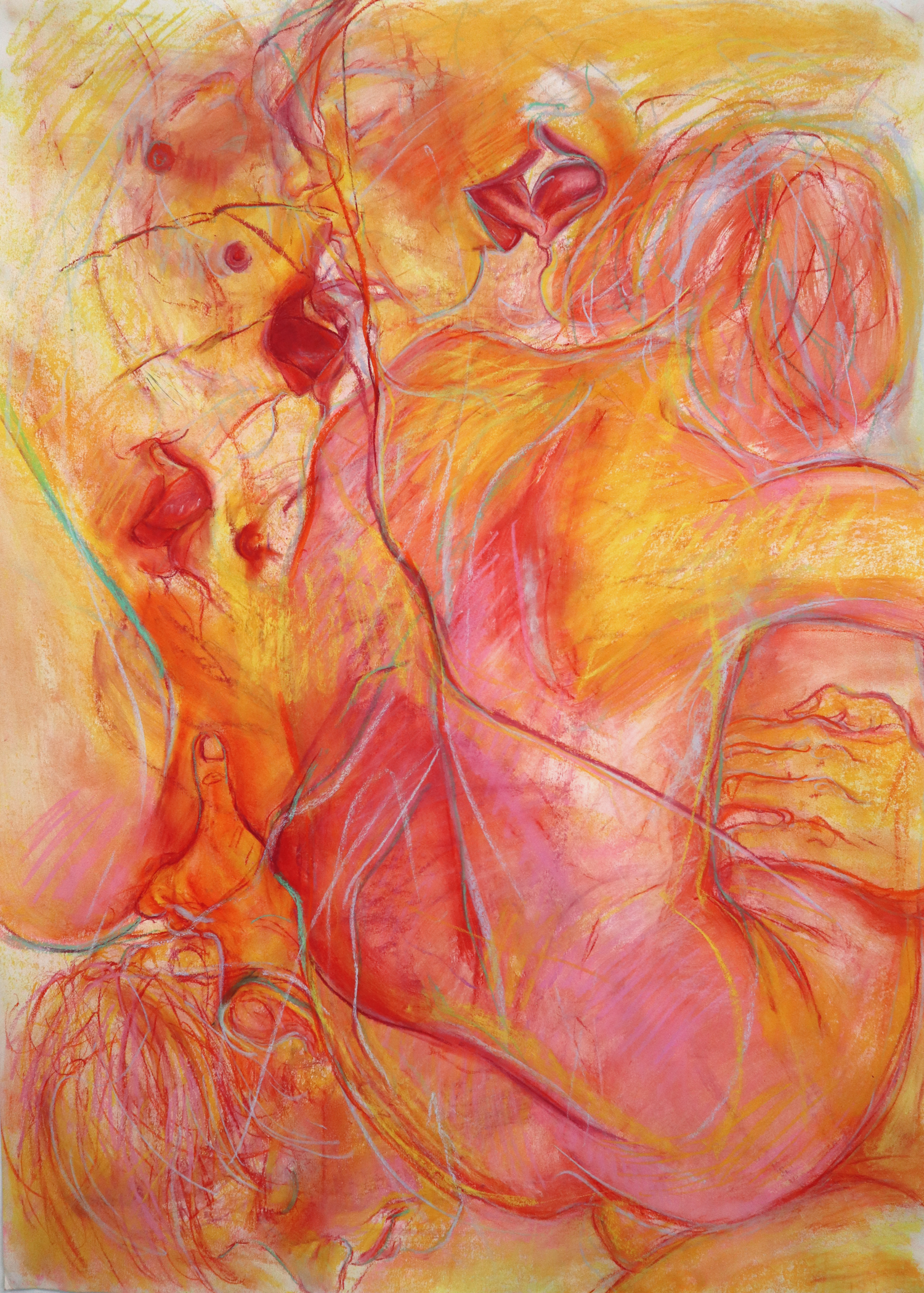 An abstract artwork depicting two intertwined androgynous figures with features blending together. The overall style is impressionistic and emotional.