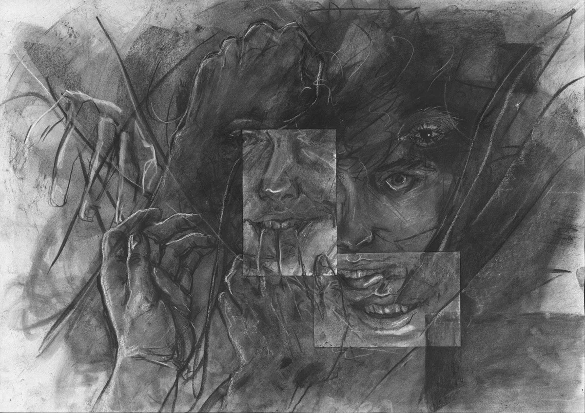 Black and white abstract charcoal drawing and collage of a person with multiple facial features overlapping, including eyes, nose, and mouth, creating a layered and complex appearance.