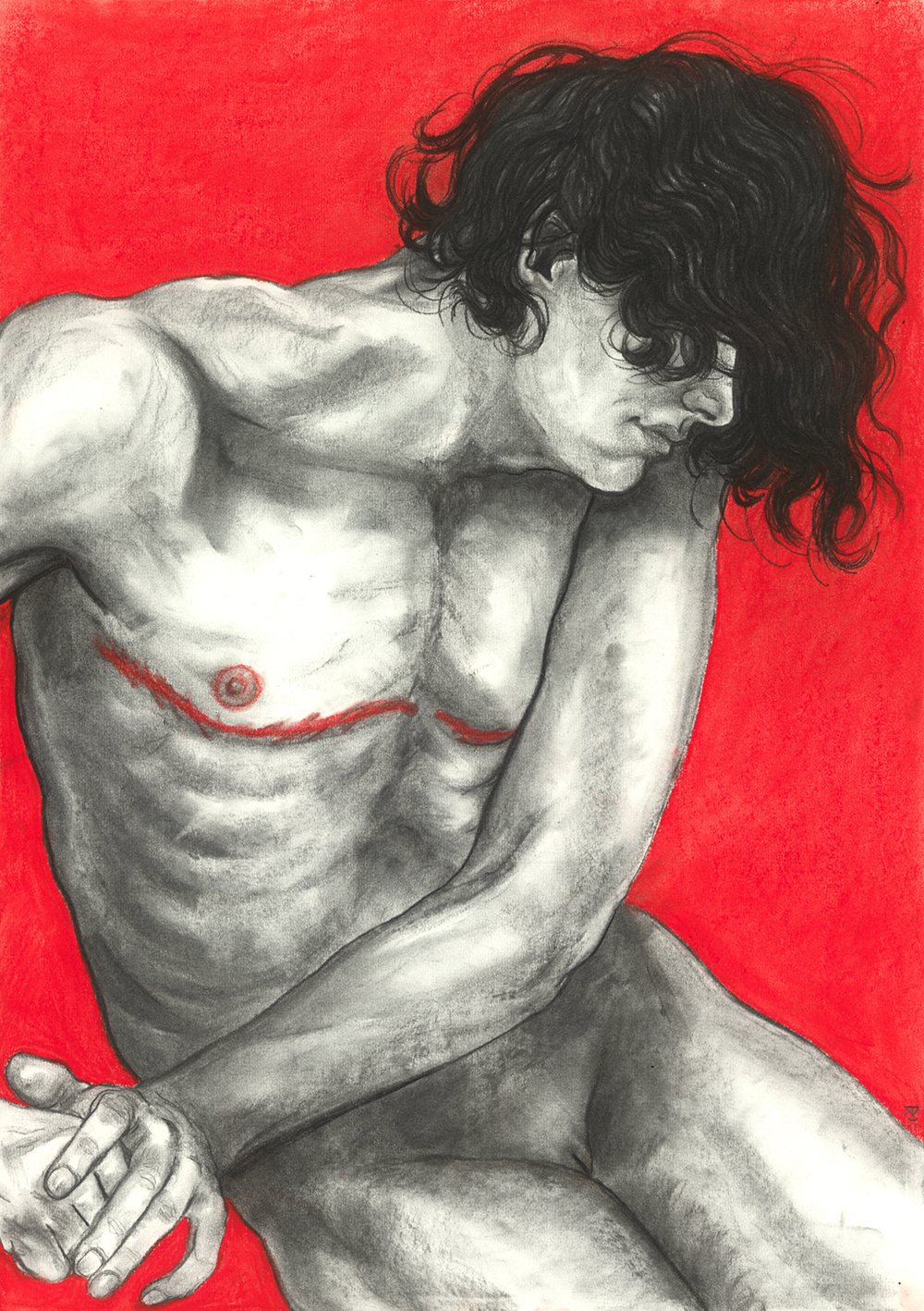 A black and white drawing of a nude man with long curly hair, sitting with his head bowed and hand resting near his face, against a red background.