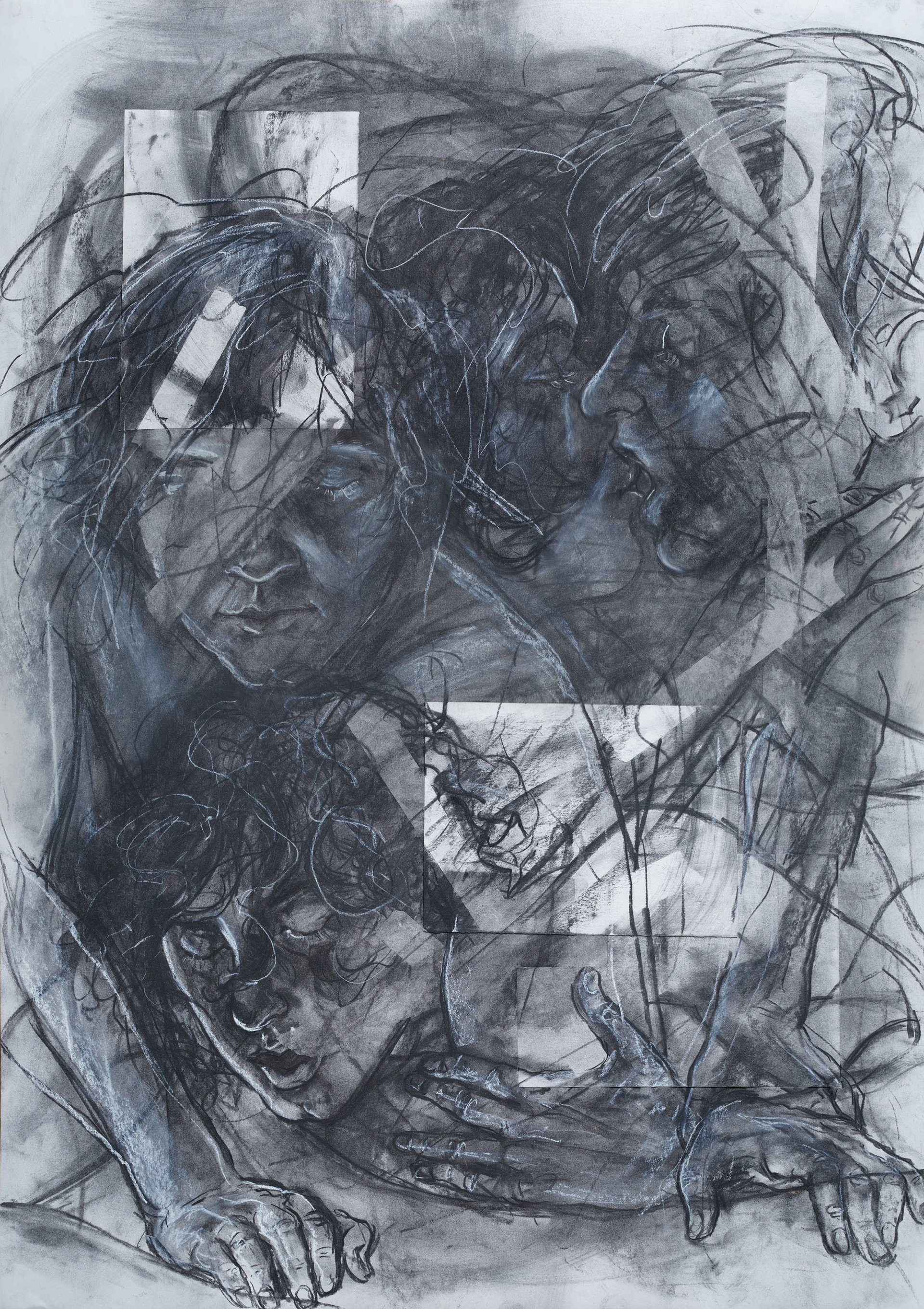 Black and white abstract drawing of men embracing showing various emotional expressions, some with open mouths and intense gazes.