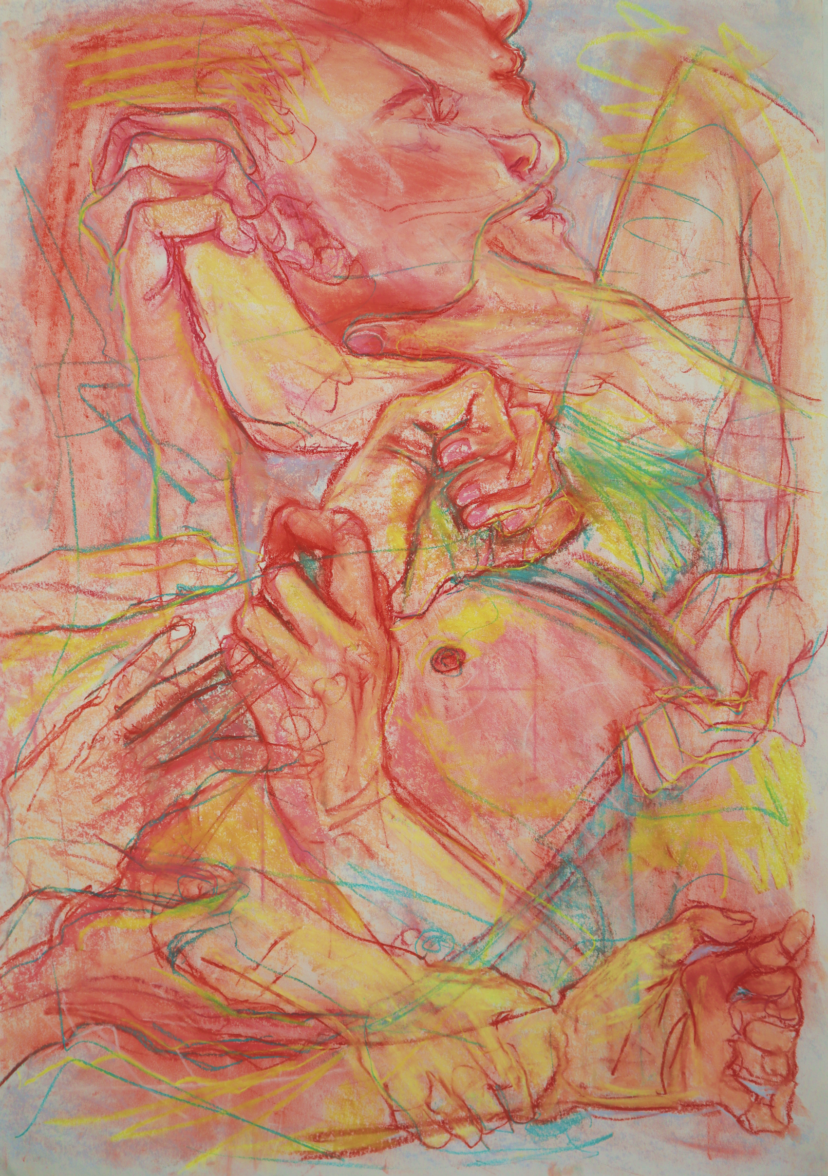 Colorful layered drawing of multiple hands and faces intertwined, with emphasis on facial expressions and hand gestures, using red, yellow, green, and blue tones.