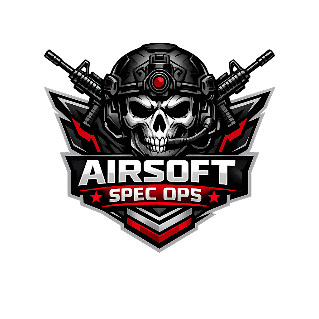 Logo for Airsoft Spec Ops featuring a skull wearing a military helmet with two guns crossed behind it. The design has red, black, gray, and white colors.