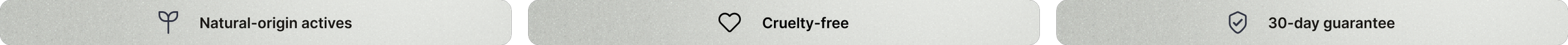 Icons indicating natural-origin active ingredients, cruelty-free status, and 30-day guarantee.