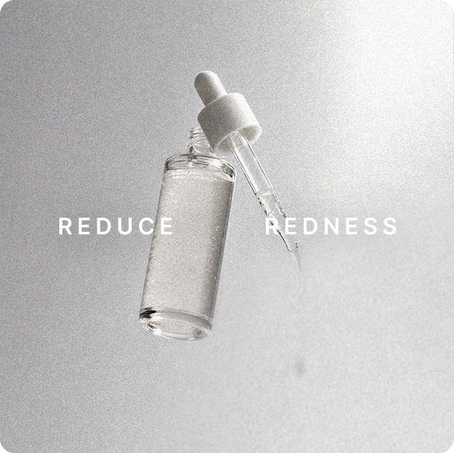A glass dropper with a white cap and a clear liquid, positioned above a small bottle, with the words 'Reduce Redness' overlaid on the image.