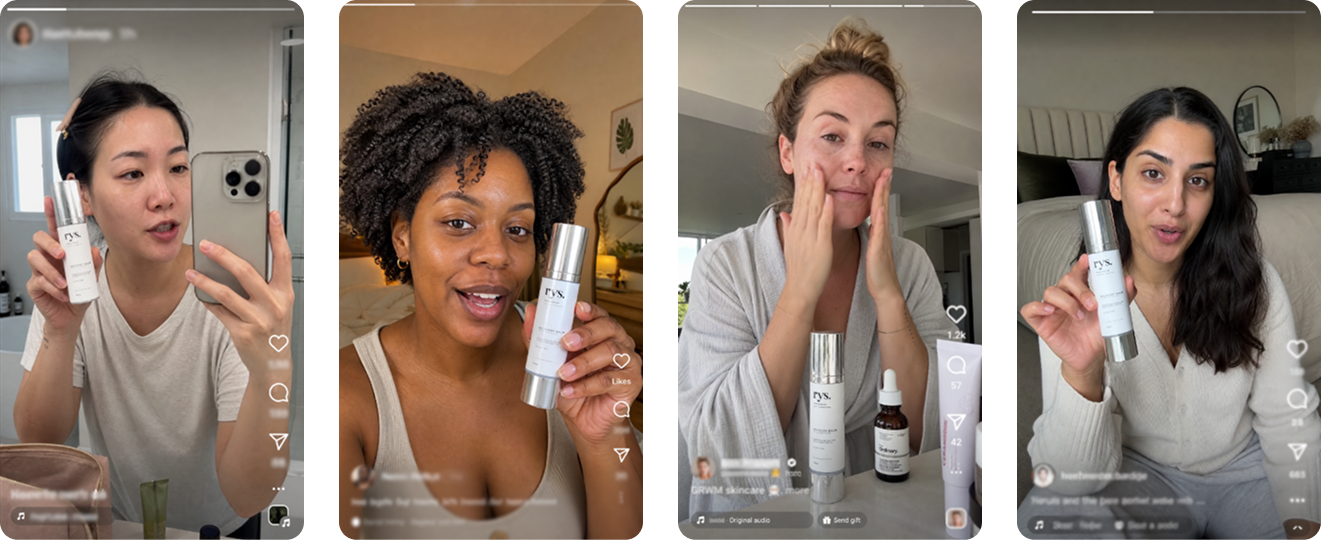 Four women demonstrating skincare products in different settings, showing application and product details.