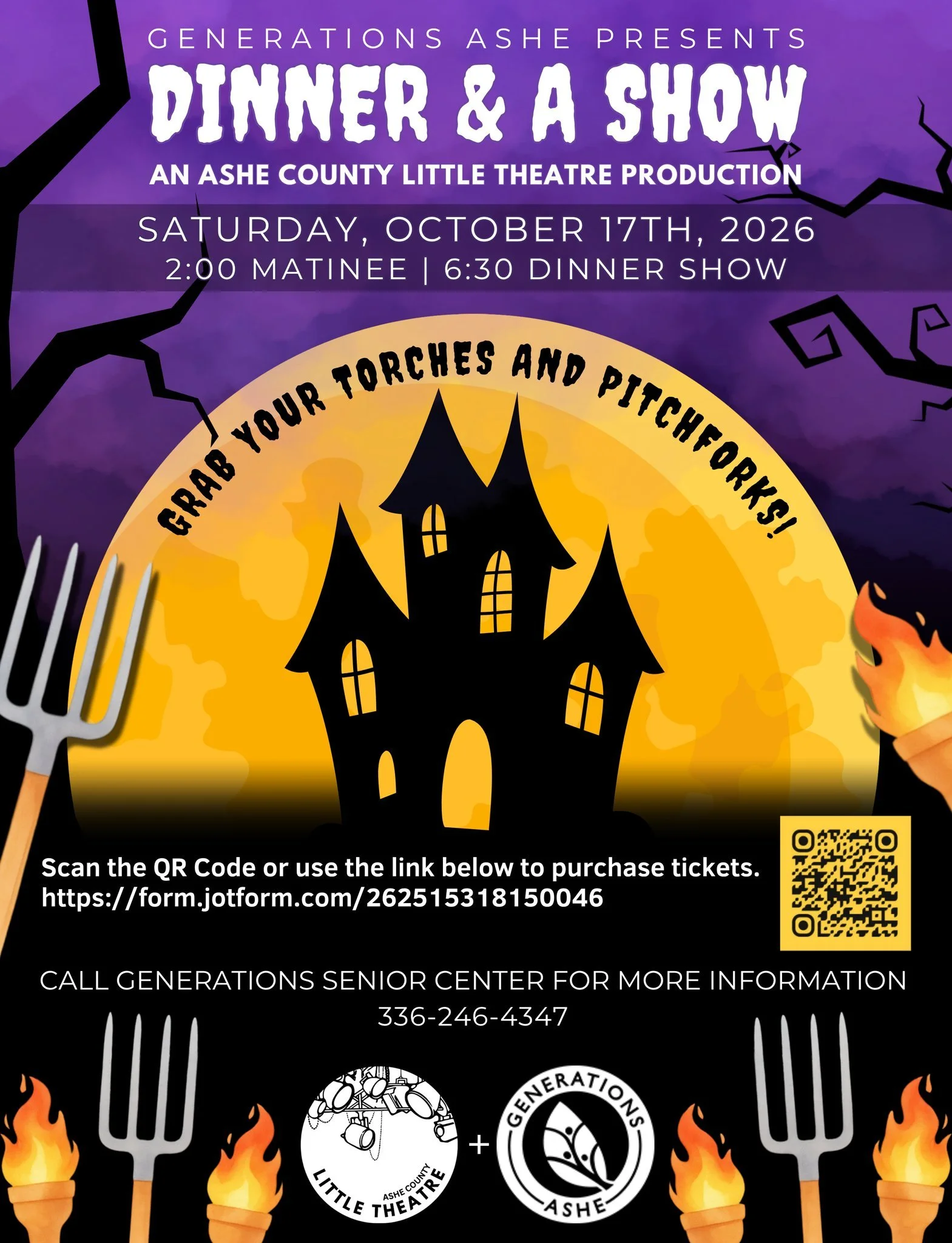 An Evening of Theatre, Community &amp; Giving Back

Generations Ashe and Ashe County Little Theatre are coming together for a special Dinner &amp; a Show on October 17th, benefiting seniors in Ashe County. Enjoy live theatre, dinner, and an evening o