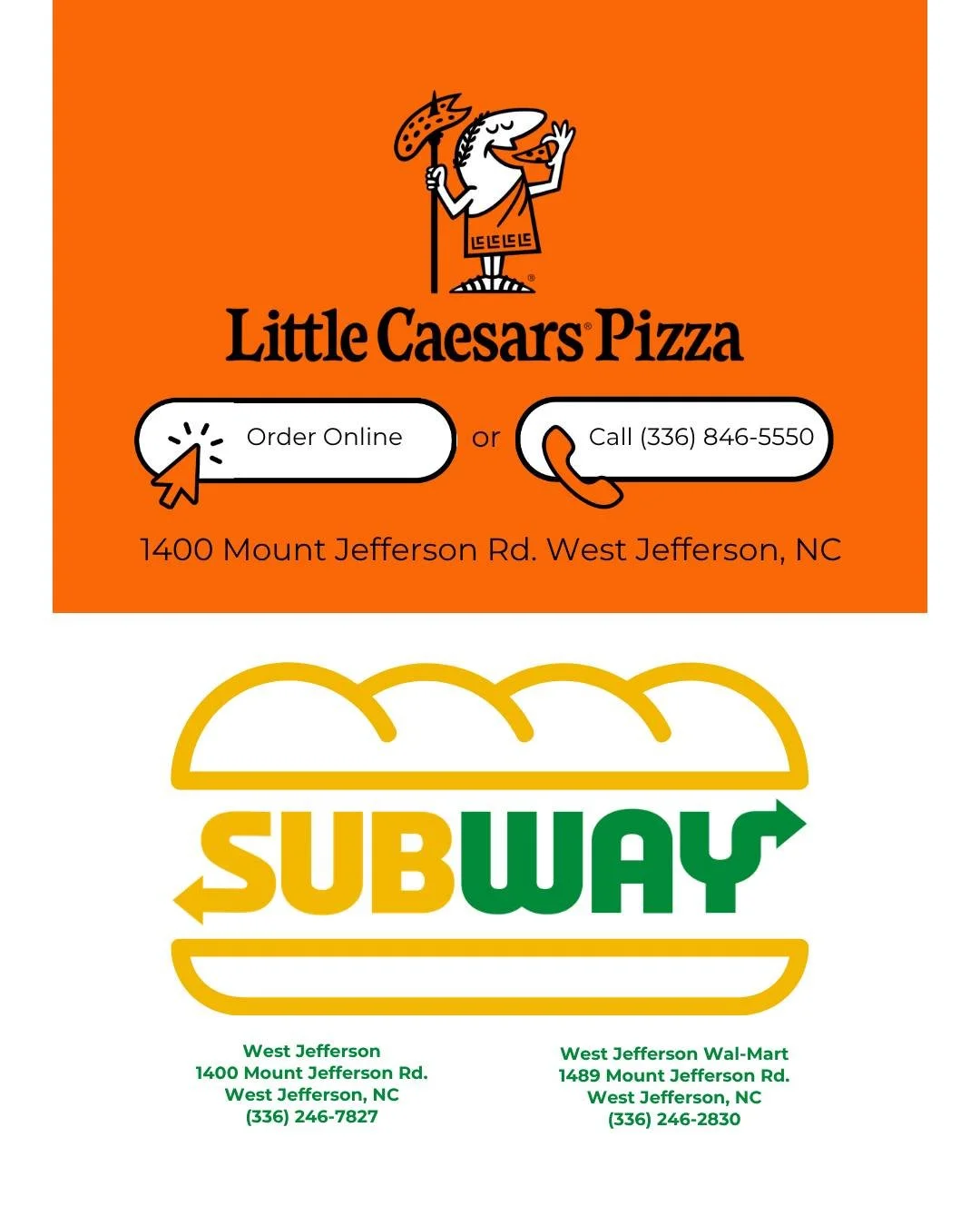 A huge shoutout to our amazing community partners, Subway and Little Caesars of West Jefferson! 🍕🥪

Ashe County Little Theatre is incredibly grateful for their season sponsorship to our playbill. Because of their generous support, we are able to ke