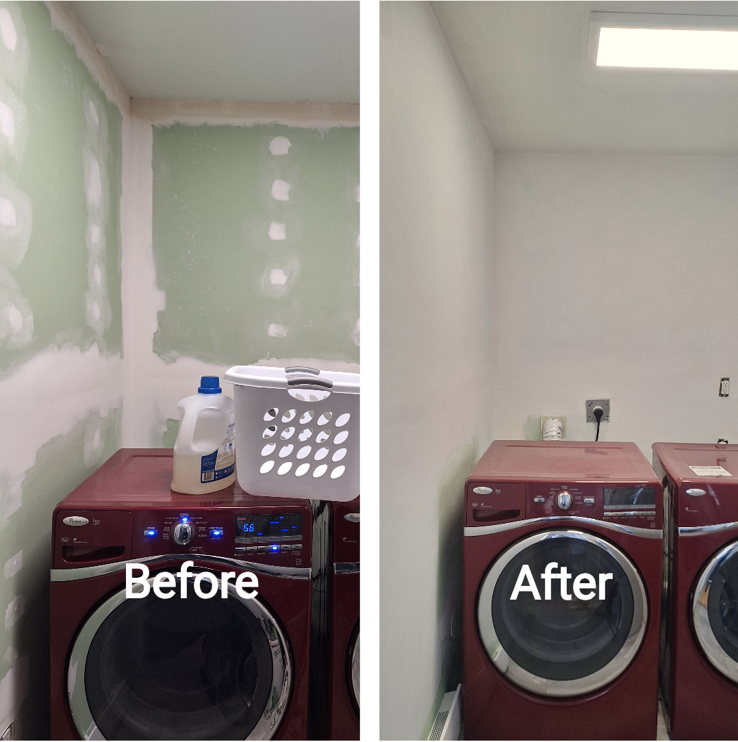 Comparison of laundry room before and after renovation; the "before" shows unfinished green drywall with patchwork, the "after" shows a freshly painted white wall with a ceiling light, with laundry appliances and laundry supplies present.