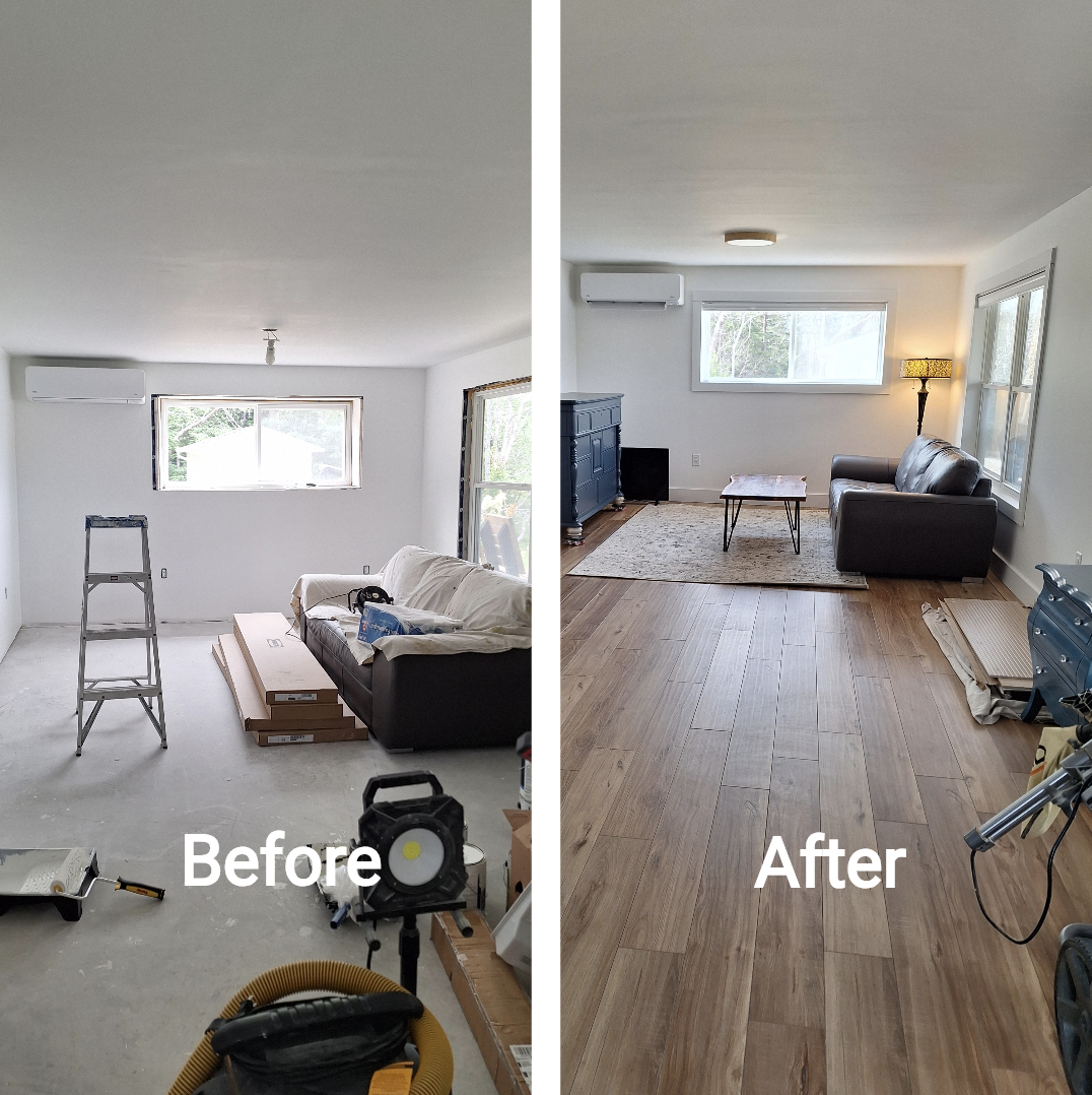 Side-by-side comparison of a living room before and after renovation, showing the room with construction materials and unfinished surfaces in the before image, and completed with hardwood flooring, furniture, and decor in the after image.
