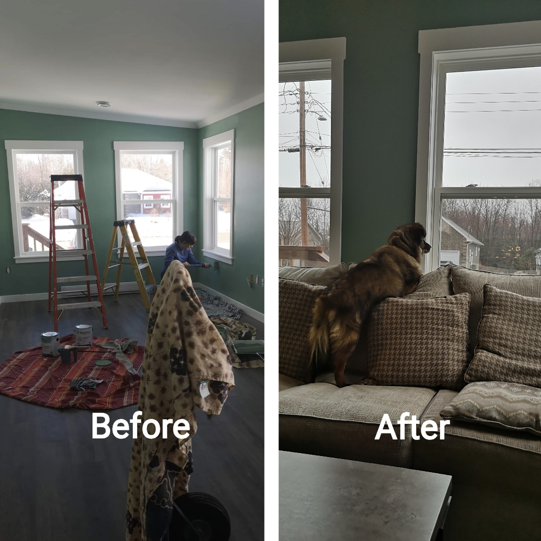 Side-by-side comparison of a room before and after redecorating. The 'Before' shows a room with green walls, three windows, a person working, a ladder, and painting supplies on the floor. The 'After' features a living room with a dog sitting on a bro