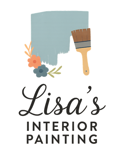 Logo for Lisa's Interior Painting featuring a paint sample board, a paintbrush, and paint splatters with the business name Cybertext.