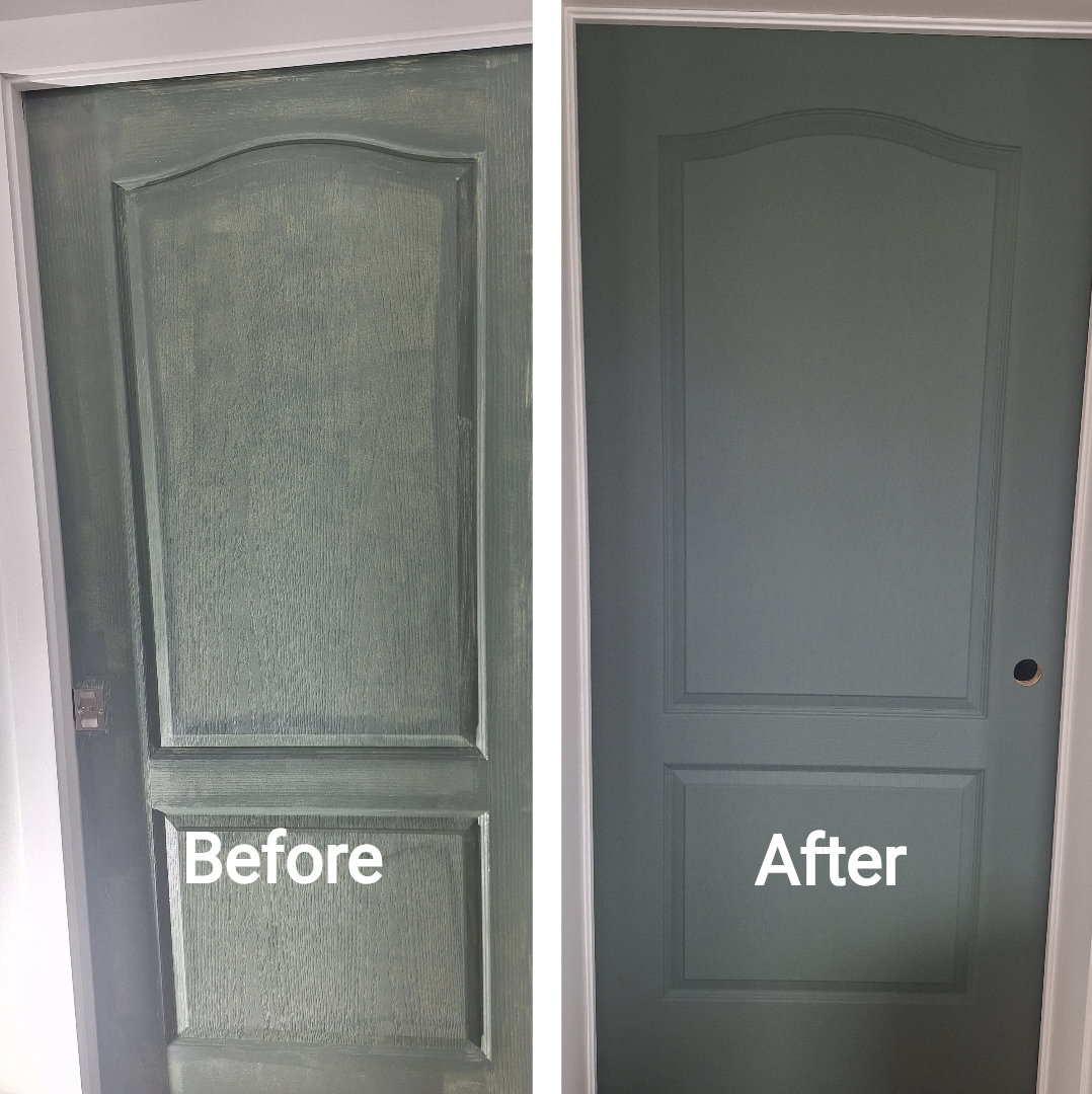 Comparison photo of a door before and after painting. The left side shows an older, textured dark green door with the word 'Before' in white text. The right side shows the same door after being painted with a smooth, lighter green color, with the wor