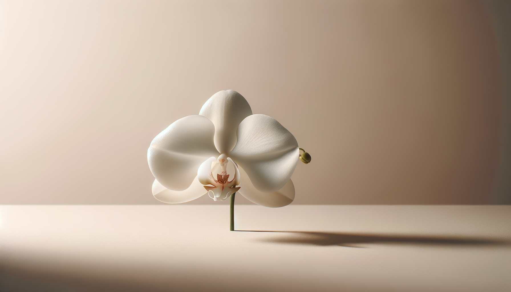 Close-up of a white orchid flower on a beige background with a long, green stem and a small bud to the right.