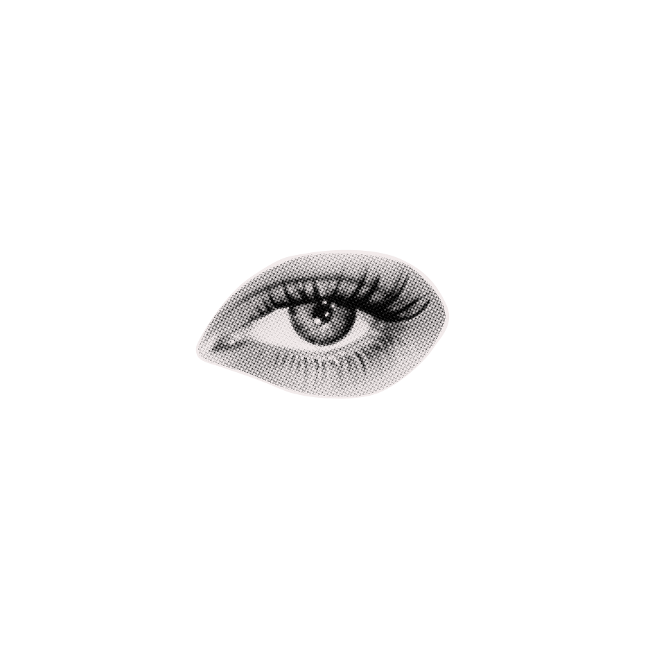 A black and white illustration of a human eye on a black background