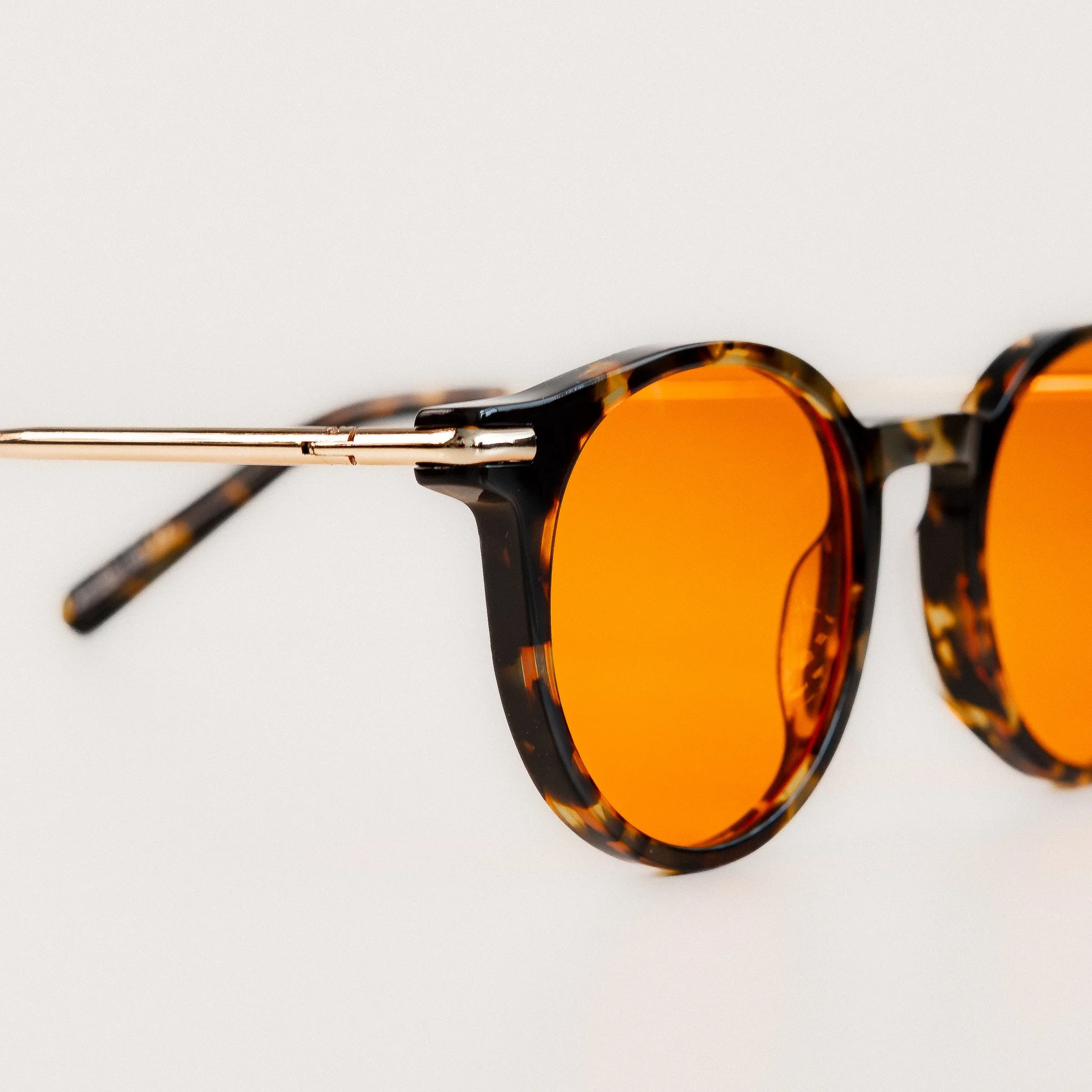 Alden blue light glasses close up side view tortoise acetate round frame with amber orange lenses