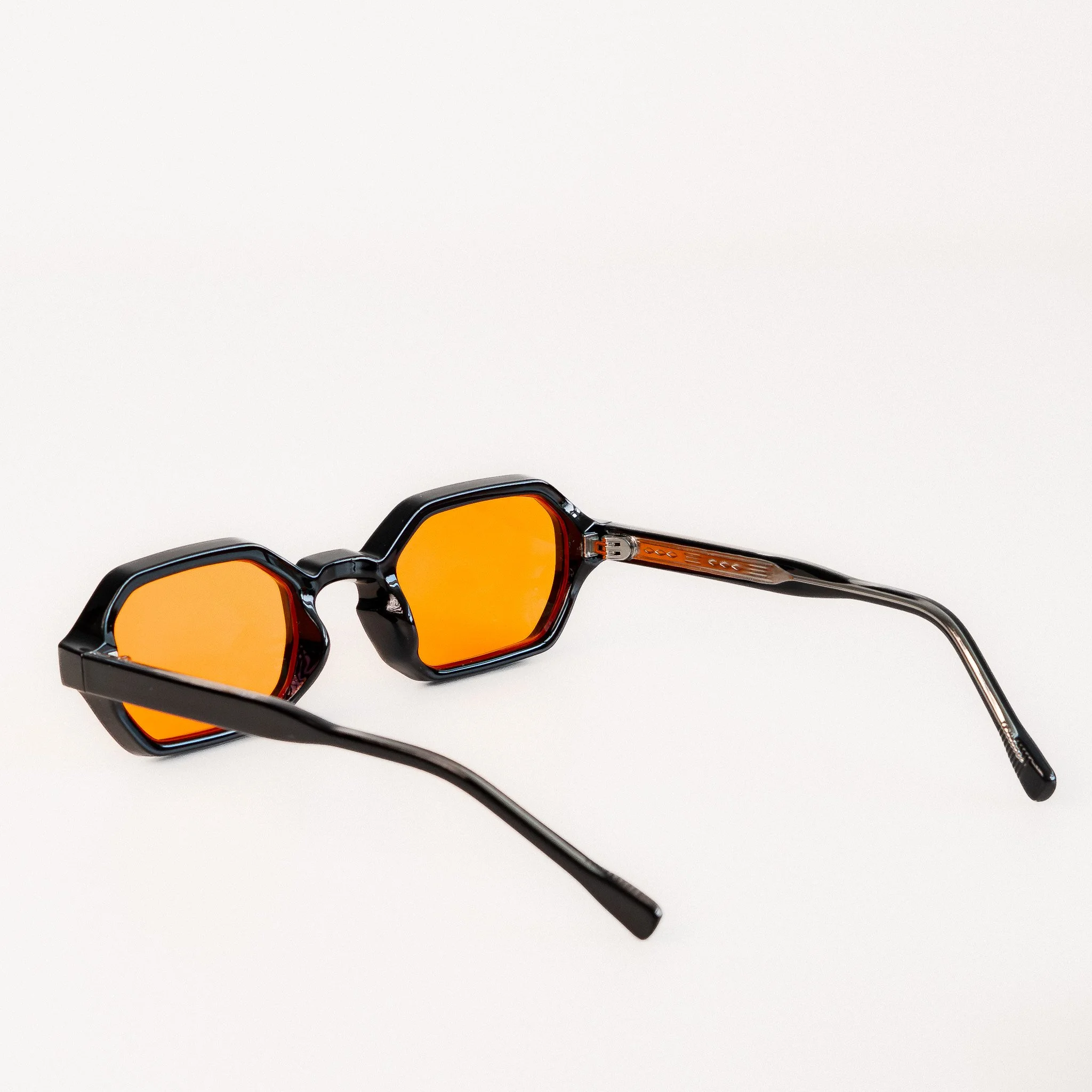 Soho blue light glasses rear view black acetate hexagonal frame with amber orange lenses