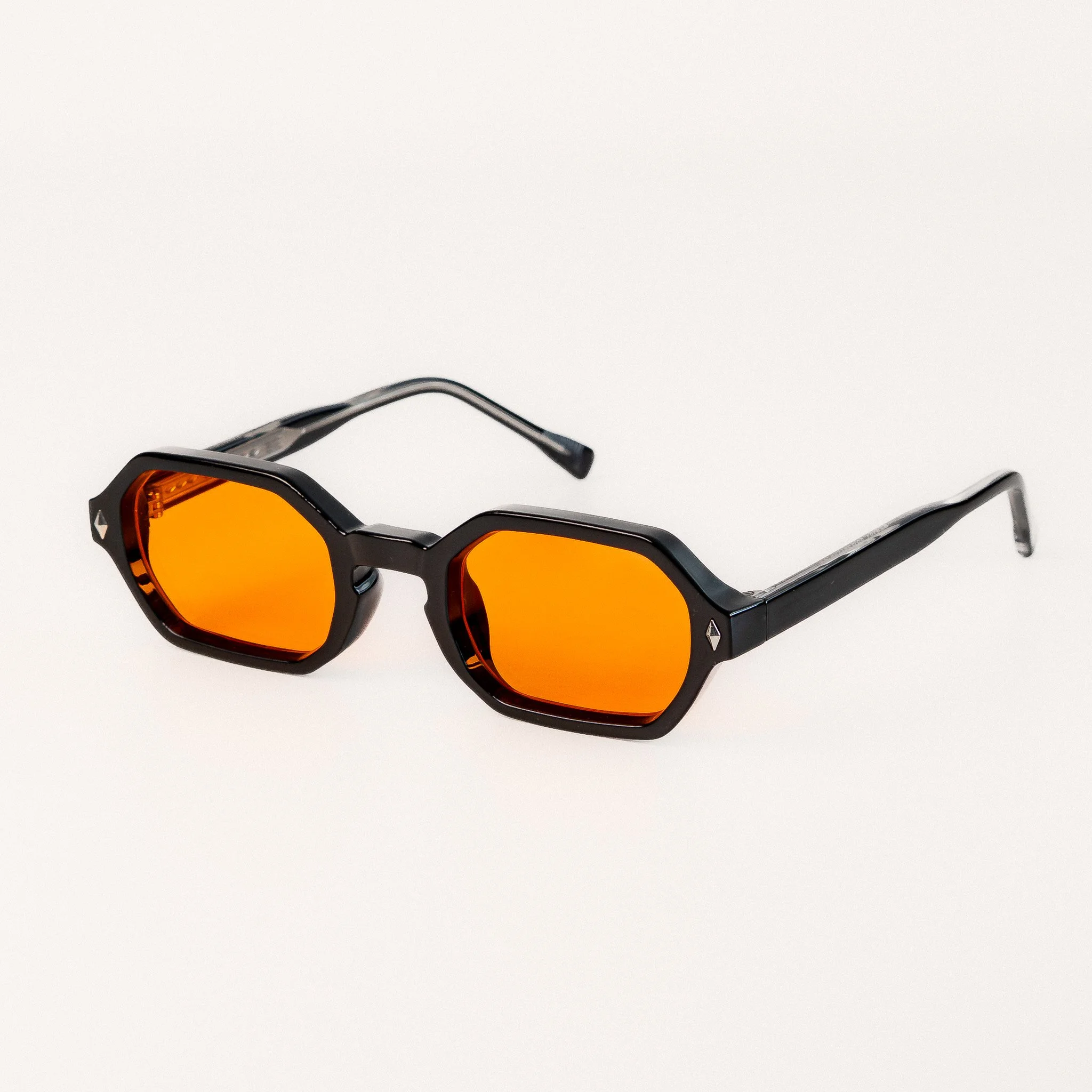 Soho blue light glasses side view black acetate hexagonal frame with amber orange lenses