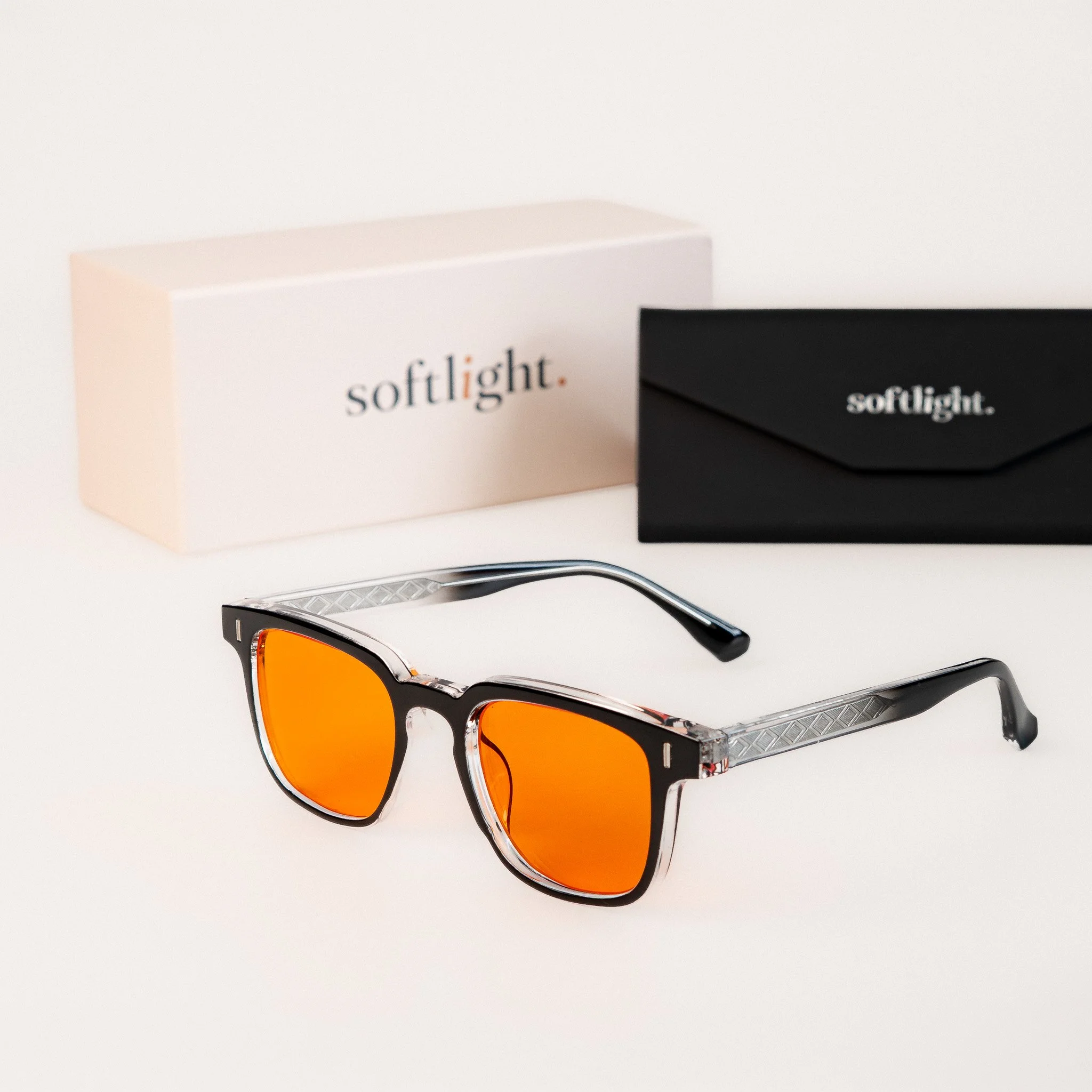 Shoreditch blue light glasses front view black frame with amber orange lenses with packaging
