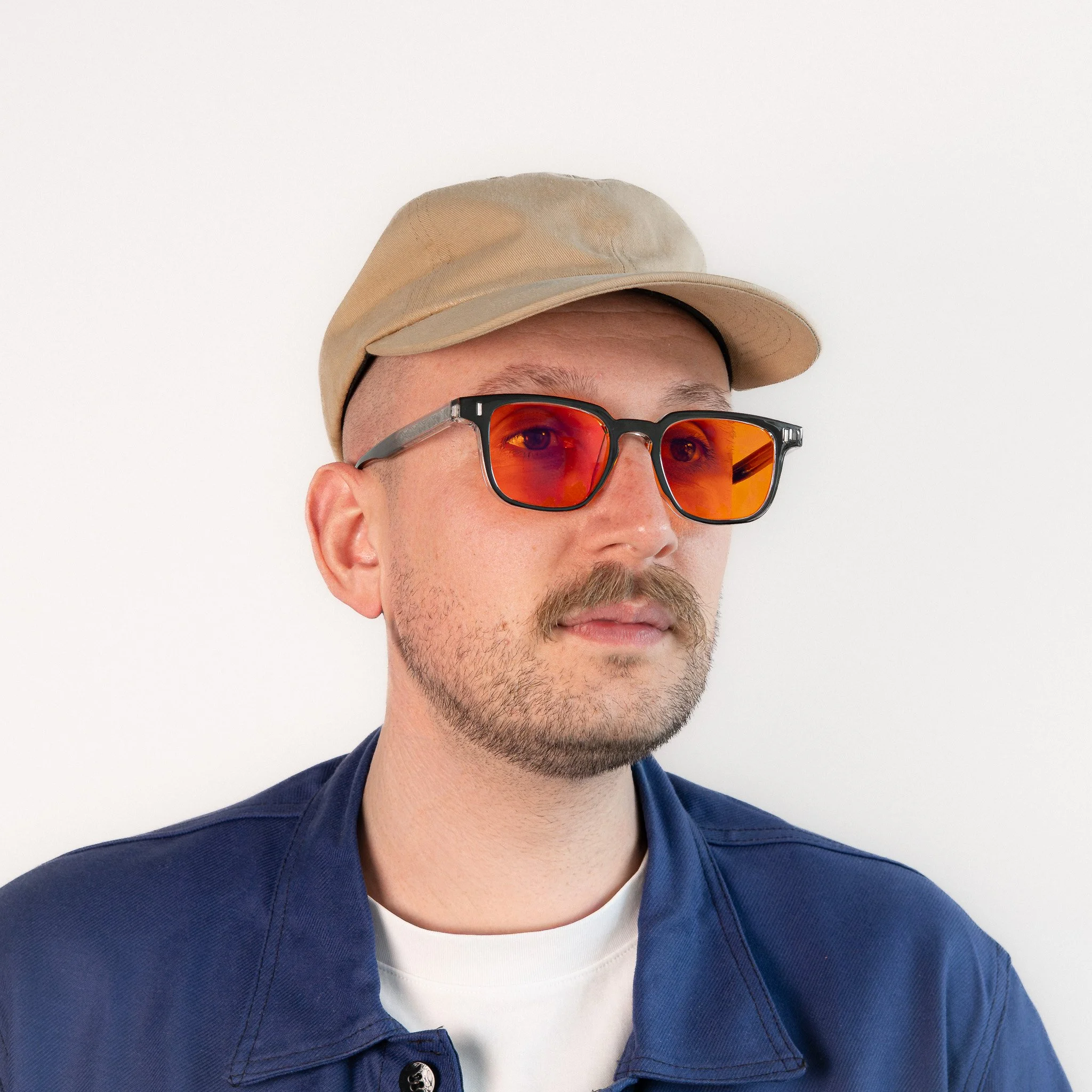 Shoreditch blue light glasses worn side view black frame with amber orange lenses
