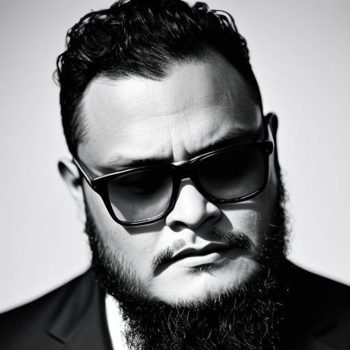A man with dark hair, beard, and sunglasses looking serious in black and white.